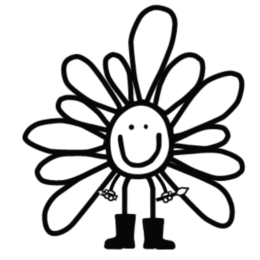 Logo Paul Lornet Illsutrations représentant une marguerite qui sourit en botte et tenant un crayon et un pinceau dans chaque main.