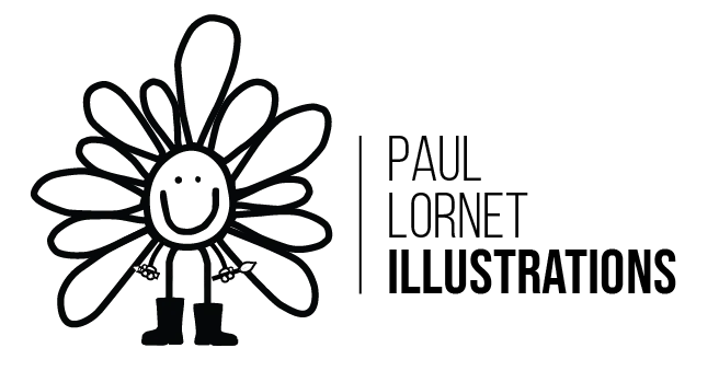 Logo noir et blanc : Paul Lornet Illustrations. Le logo ressemble a une marguerite destructurée qui sourit