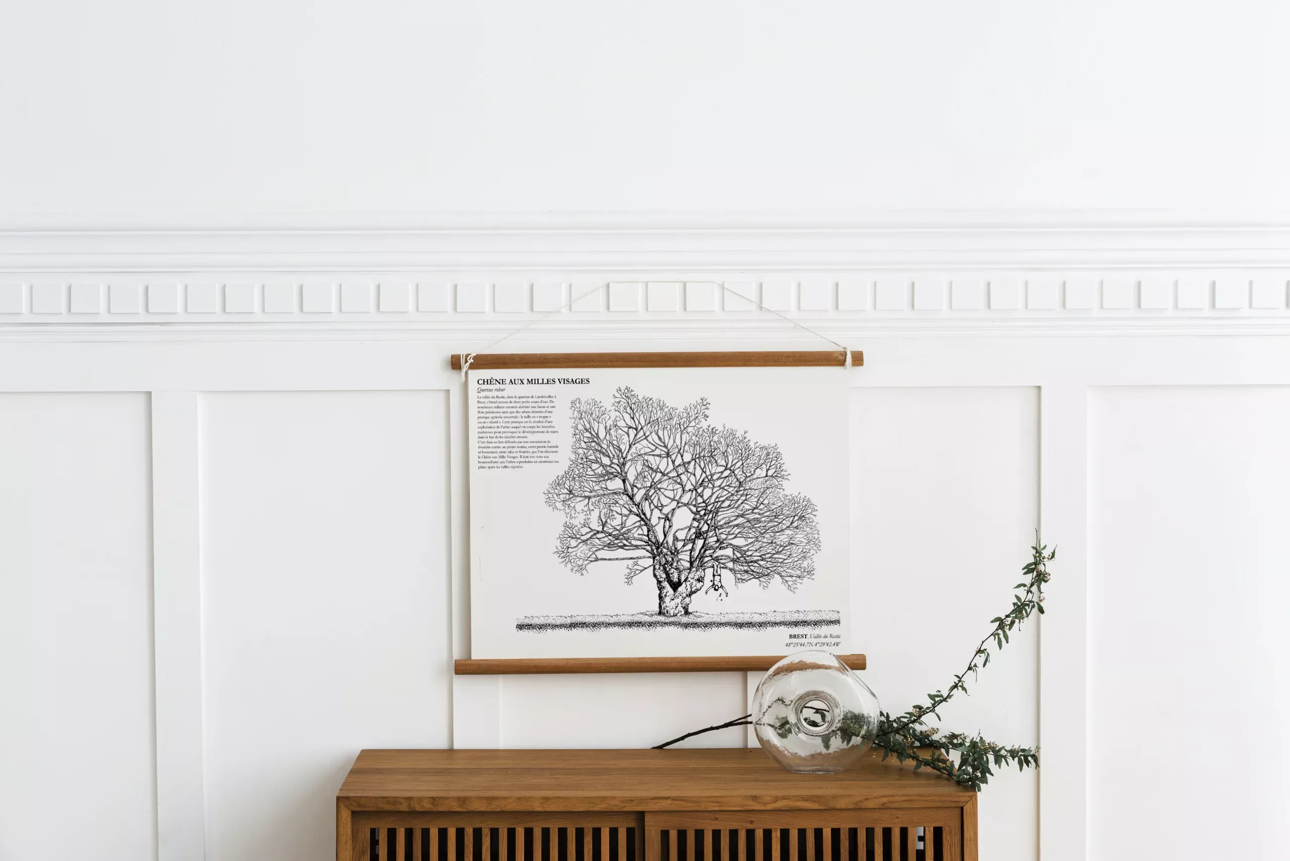 Affiche A3 dessinée à la main par Paul Lornet : arbre remarquable "Chêne aux Mille Visages" (Quercus robur), situé dans la Vallée du Restic (Brest). Impression noir et blanc en risographie.