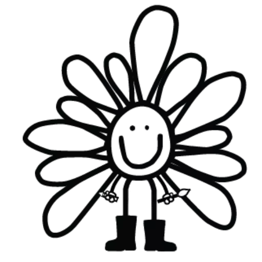 Logo Paul Lornet Illsutrations représentant une marguerite qui sourit en botte et tenant un crayon et un pinceau dans chaque main.
