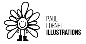 Logo noir et blanc : Paul Lornet Illustrations. Le logo ressemble a une marguerite destructurée qui sourit